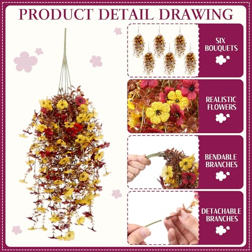 6 Pcs Fall Artificial Hanging Flowers Outdoor Faux Silk Mum Plant Decor Violet with Eucalyptus Realistic UV Resistant Trailing Vine Autumn Thanksgiving Porch Yard(Orange,Plastic Style) - color: Brown Red, style: Violet