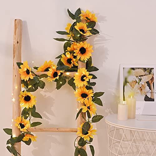 4 Pack Artificial Sunflower Garland Decor with Lights, Sunflower Vines Hanging Flowers Garland with Green Leaves, Fake Yellow Flower Vines Room Wedding Party Decoration(4 Pack) - color: Yellow With Lights, size: 4 Pc