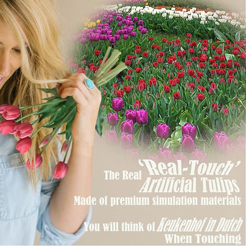 20pcs Artificial Tulip Flowers,16 Inch Real Touch Tulip Stems with Faux Leaves, Faux Tulips and Buds for Home Décor Centerpiece Ornament Wedding Bouquet,Deep Pink - color: Deep Pink
