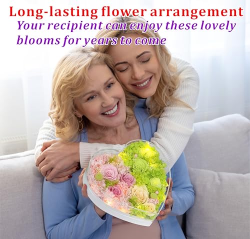 Valley of Rain & Forest Long-Lasting Real Flowers With Delivery | "Sweet" Preserved Floral Gift With Lights For You to Send Love, Romantic Home Decor (Forever Pink & Green Roses Arrangement) - color: Pink & Green Roses Arrangement
