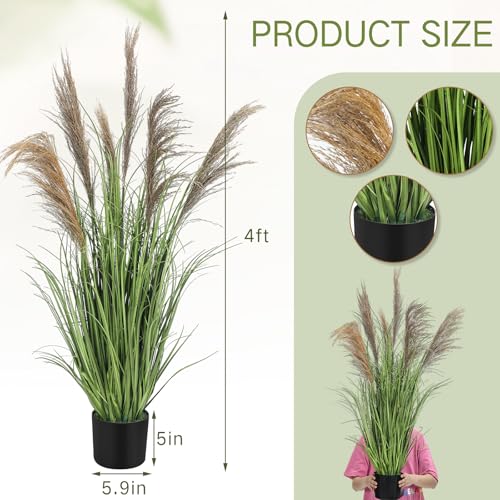 Jexine 2 Pcs Pampas Grass Potted Plants 4 ft Tall Artificial Grass Potted Artificial Greenery Floor Plants Tall in Pot for Housewarming Gift House Garden Bathroom Lobby Outdoor Decoration (Greeny) - color: Greeny, size: 4 ft