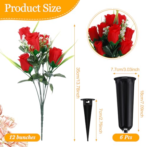 Tigeen 6 Sets Father's Day Cemetery Flowers with Grave Vase 12 Bunches Artificial Rose Memorial Bouquet 84 Heads Fake Silk Flower for Dad Gravesite Graveside Decor(Red) - color: Red