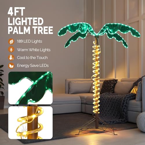 VINGLI 4FT Lighted Palm Tree Christmas Tree, Outdoor for Outside Patio Pool Yard Holiday Decor, Artificial Light up with Lifelike Leaves and Rope LEDs - size: 4ft