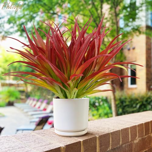 6Pcs Artificial Grass Fake Plants 17.3in Outdoor Plants UV Resistant Greenery Stems Fake Grass for Home Window Garden Office Patio Pathway Front Porch Christmas Décor Light Green & Red - color: Light Red &Green, size: 6 Pcs