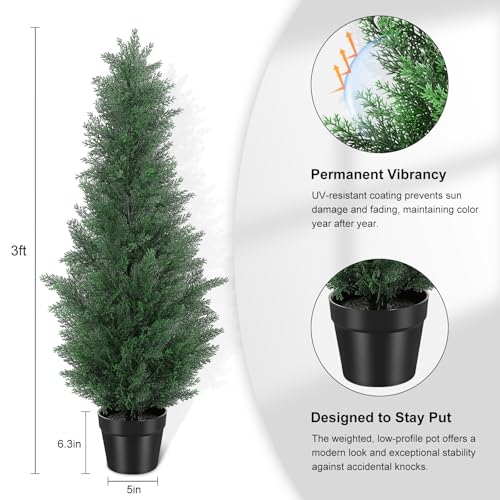 3FT Artificial Cedar Trees, Set of 2 - UV Resistant Realistic Faux Evergreen Cypress Trees, Adjustable Branches, All Weather for Front Porch, Outdoor Planters, Indoor Home Decor - size: 3ft