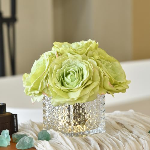 Artificial Rose in Glass Vase Vintage Silk Flower Arrangement with LED Light for Table Centerpiece Home Wedding Decoration (Apple Green) - color: Apple Green