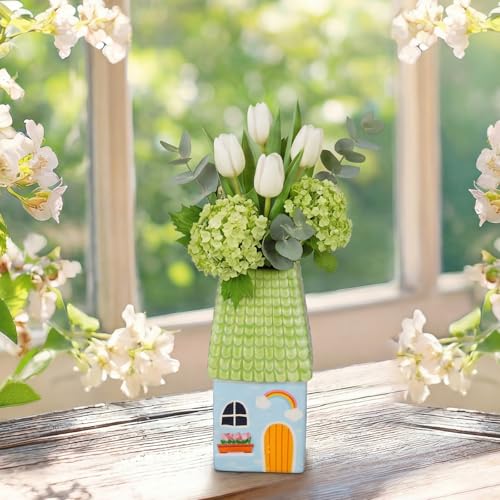 Remerry Ceramic House Shape Vase 2.4 x 3.8 Inch Mini Handmade Vase Decorative Small Flower Container for Living Room Bedroom Farmhouse Home Table Decor Cute Birthday Gift(Green) - color: Green