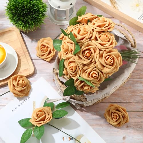 100 Pcs Artificial Foam Rose Flower Faux Bouquet Wedding Fake Rose Gift for Mother's Day Women DIY Bridal Shower Party Table Birthday Home Spring Decor (Gold) - color: Gold