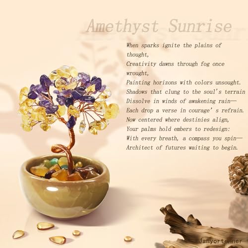 Amethyst Citrine Crystal Tree,Dual Color Art Decor with Copper Wire Sculpture in Crackle Base,Imagination Gift - color: 5-amethyst Sunrise