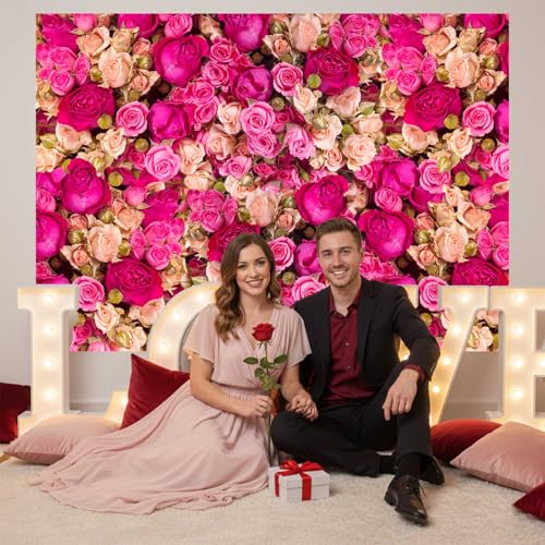 Ticuenicoa 8x8ft Pink Red Rose Flowers Photography Backdrop Valentine's Day Photo Background Baby Shower Wedding Birthday Decoration Bridal Shower Wedding Blossoms Roses Wall Art - size: 8x8ft