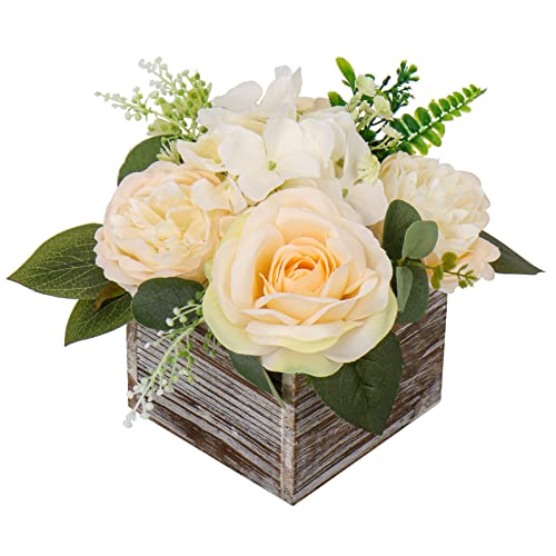 DILATATA Flower Arrangement with Wooden Vase 8" Artificial Flowers in Pot - Fake Flowers Roses Peonies Hydrangeas in Wooden Vase Potted Flower Centerpieces for Table Decor - Pale Yellow - color: 8"h Pale Yellow