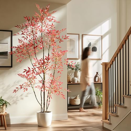 Tall Artificial Nandina Trees Large Faux Plastic Silk Plants Indoor Outdoor Realistic Floor Plant Potted Fake Bamboo Tree for Home Living Room Office Front Porch Patio decoracion Housewarming Gift - color: Red, size: 6ft 7in