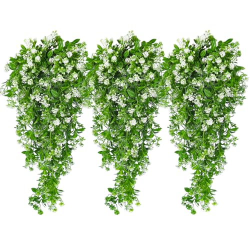 SJL Artificial Hanging Plants Fake Vine Faux Greenery Outdoor UV Resistant Plastic Plants Artificial Plant Outdoors Fake Hanging Vine 3Pcs for Indoor Outdoor Home Garden Wedding Party Decor (White) - color: Hanging White Rose