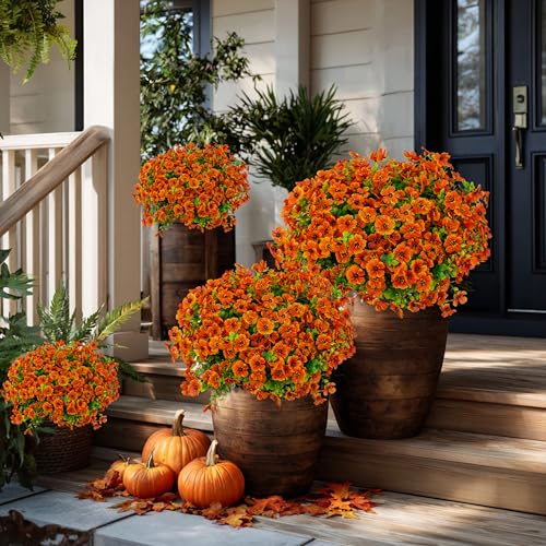 AXYLEX Artificial Fall Flowers Outdoor Fake Mums - 16 Bundles Fake Plants UV Resistant No Fade Faux Plastic Greenery Garden Porch Patio Fall Home Decor (Red Orange16) - color: Red Orange16