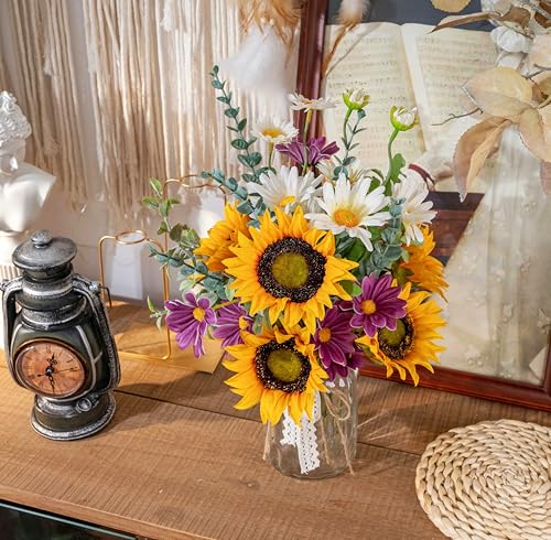 Artificial Faux Flowers in Vase for Home, Fake Flowers Arrangment with Pot, Sunflower Silk Daisy Bouquet for Fall Spring & Summer Decor Coffee Table Dinning Room Kitchen Centerpiece Table Decorations - color: Purple