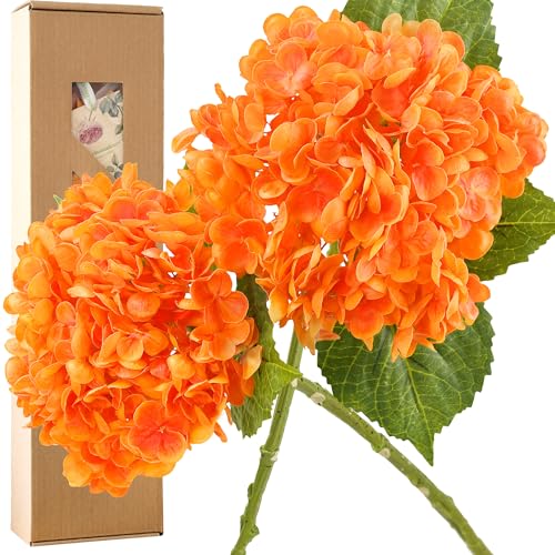 FiveSeasonStuff Real Touch Silk Hydrangea Flowers, 2 Large Long Stem Artificial Flowers for Floral Arrangements (Autumn Orange) - color: Autumn Orange