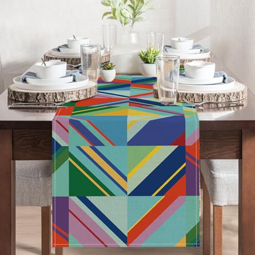 Colorful Geometric Dining Table Runner, Multicolor Triangle Abstract Modern Art Burlap Kitchen Decoration, Minimalism Indoor Outdoor Home Decor Party Supply 13 x 72 Inches - color: Colorful Geometric, size: Table Runner 13''X72''