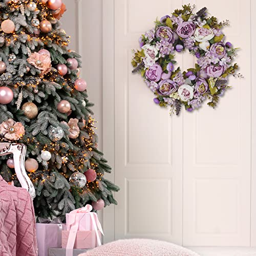 BOMAROLAN Artificial Peony Flower Wreath 19Inch Vintage Blooming Silk Peonies Spring Summer Fall Winter Large Wreaths Flower Green Leaves for Outdoor Front Door Indoor Wedding Wall Or Window Décor - color: Purple