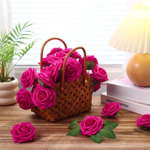 100 Pcs Artificial Foam Rose Flower Faux Bouquet Wedding Fake Rose Gift for Mother's Day Women DIY Bridal Shower Party Table Birthday Home Spring Decor (Hot Pink) - color: Hot Pink