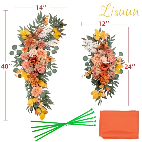 Lisuun Artificial Wedding Arch Flowers with Chiffon Runner, Pack of 3 | Includes 2 Flower Swags, 1 20ft Chiffon Runner and Zip Ties for Wedding Arches, Arbors and Backdrops - color: Autumn Orange
