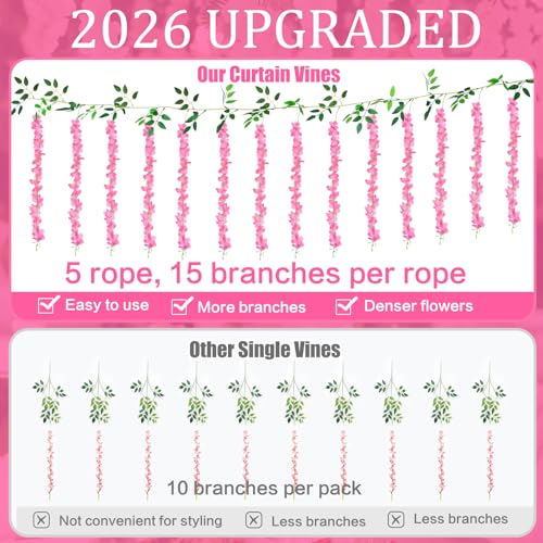 75 Branches Wisteria Hanging Flowers,5Pcs Total 30ft Pink Wisteria Artificial Flowers Garland Vine Silk Hanging Flowers for Wedding Party Arch Ceremony Garden Home Backdrop Decor - color: Pink, size: 5