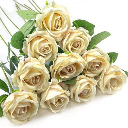 10 PCS Artificial Roses with Long Stems Silk Flowers Realistic Foam Flowers Fake Roses for Valentine's Day Home Wedding Halloween Decor(Champagne) - color: Champagne