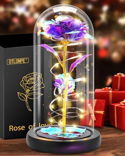 Otlonpe Preserved Artificial Rose Flower Lamp, Forever Women Gifts for Birthday Christmas Valentines Mothers Day, 7.7'' Purple Glass Rose Gifts for Mom Grandma Daughter Wife Girlfriend, Home Decor - color: Purple
