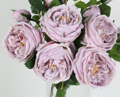 Real Touch Purple Austin Roses Peonies Artificial Flowers 4 Bouquets Latex Fake Peonies with Long Stem Realistic Faux Peonies for Wedding Party Home Table Centerpieces Decor (Light Purple) - color: Light Purple