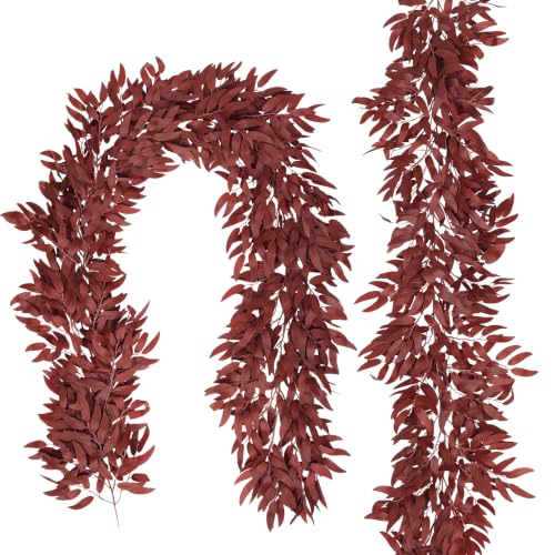 RECUTMS 2Pcs Faux Willow Leaves Vine 6Ft Full Burgundy Fall Garland | Fake Silk Leaf Ivy Artificial Italian Ruscus Greenery for Fall Home Garden Wedding Thanksgiving Party Indoor Outdoor Decor - color: Willow Full Burgundy