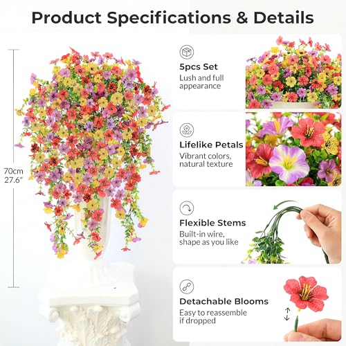 5PCS Artificial Faux Hanging Flowers Plants for Outdoor Decor,Fake Silk Daisy Flowers with Eucalyptus UV Resistant Realistic Vines for Home Porch Patio Balcony Yard Decor (Hot pink Purple Yellow) - color: Hot Pink Purple Yellow