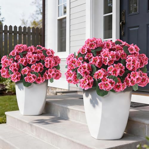 GLIDLION 12 Bundles Artificial Geranium Flowers for Spring Summer Decor, UV-Resistant Fake Plants Realistic Faux Silk Bouquets for Front Door Farmhouse Garden Porch Home Outdoor Decor (Peach Pink) - color: Peach Pink