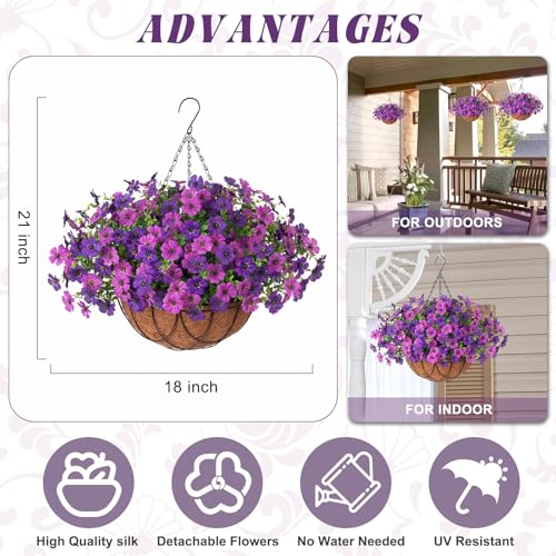 Artificial Silk Flowers Hanging Baskets Outdoors Indoors, Daisy with Eucalyptus Leaves Arrangement for Garden Yard Spring Summer Decor Faux Green Plant Metal Coconut Lining (Dark Purple Purple) - color: Dark Purple & Purple