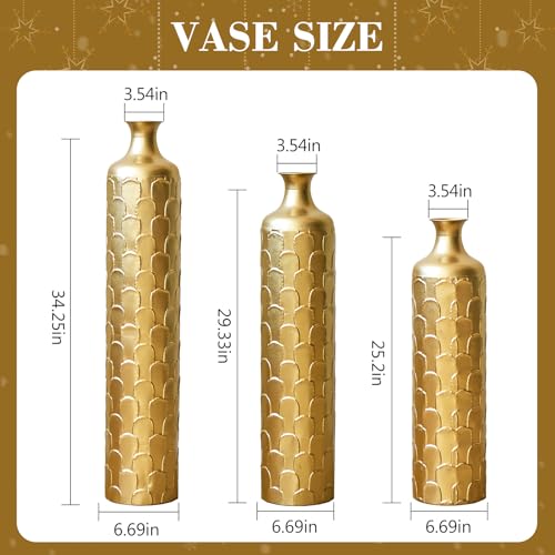 Tall Floor Vases Set of 3 for Decor Living Room Floor, Gold Vases Home Decor, Embossed Body Pattern,34.25" H/29.33" H/25.2" H Geometric Cylinder (Gold 9) - color: Gold 9