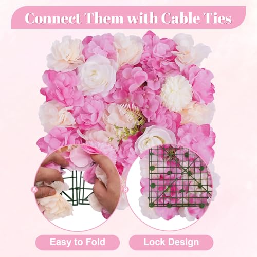12Pcs Artificial Flower Wall Panel 3D Floral Backdrop Wall 15" X 15" Flower Wall Decor Panel Flower Wall Backdrop Faux Flower Panel for Party Home Background Decor, Pink - color: Pink