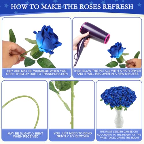 Hananona 50 Artificial Roses in Bulk, Fake Silk Roses Realistic Blue Roses for Wedding Centerpieces Flower Arrangement Home Decor (50, Blue) - color: Blue