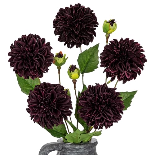 Hollyone Dark Red Dahlia Artificial Flowers 5Pcs Fake Dahlia Flowers for Decoration Silk Flower with Long Stem 17.7" Floral Arrangements Bouquets Indoors Outdoors Faux Dahlias Centerpieces Home Decor - color: Dark Red