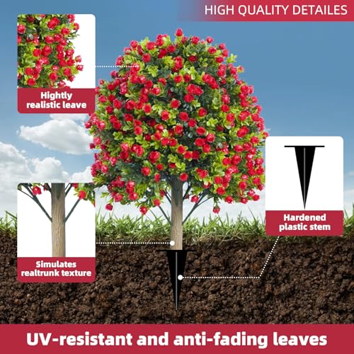 Artificial Red Rose Topiary Ball Tree with Ground Spike, 2 Set of UV Resistant Fake Boxwood Bushes, Fake Evergreen Faux Plant for Indoor Outdoor Porch Garden UV Resistant Fade Proof - color: Rose, size: with Ground Spike