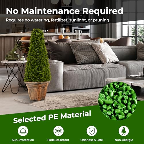 Goplus 3ft Artificial Boxwood Topiary Tree, 2 Pack Cone-Shaped Faux Potted Plants with Cement Flowerpot, Fake Evergreen Artificial Topiary for Indoor Outdoor Home Front Porch Decor