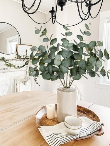 GnFlus 30" Artificial Eucalyptus Stems 5 Pcs Fake Tall Eucalyptus Leaves Branches Faux Silk Greenery Leaves with White Frosted for Vase Home Tabletop Wedding Centerpieces Shelf Kitchen Decor Green - color: Green