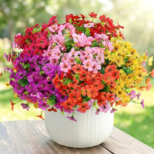 Artificial Flowers for Outdoors, Faux Plants Flowers, 16 Bundles Silk Colorful Fake Flowers Eucalyptus Realistic UV Resistant for Outside Home Planter Porch Patio Yard Decor (16, 4 Colors Flowers) - color: 4 Colors - 2