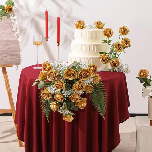 Hawesome 12PCS Artificial Silk Flowers Realistic Roses Bouquet Long Stem for Home Wedding Decoration Party (Gold, 12Pcs Flowers) - color: Gold, size: 12Pcs Flowers