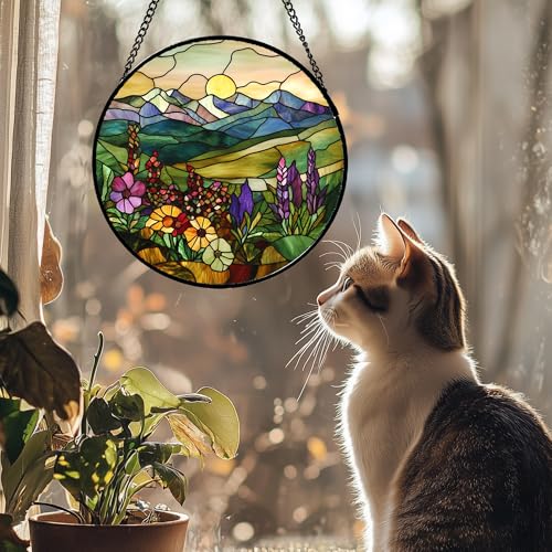 Stained Glass Window Hanging Purple Wildflowers Pastoral Scenery 6.3" - Suncatcher Door Garden Sun Catcher Home Decor Birthday Christmas for Mom Men Woman Friend - color: Yellow Purple, size: 6.3x6.3 IN