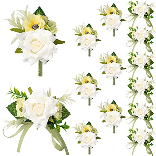 Jexine 12 Pcs Boutonniere and Corsage for Wedding Mother's Day Party Flower Wrist Corsages with Pins for Men Women Groom Bride Groomsmen Prom Ceremony Anniversary Dinner Decor(White) - color: White