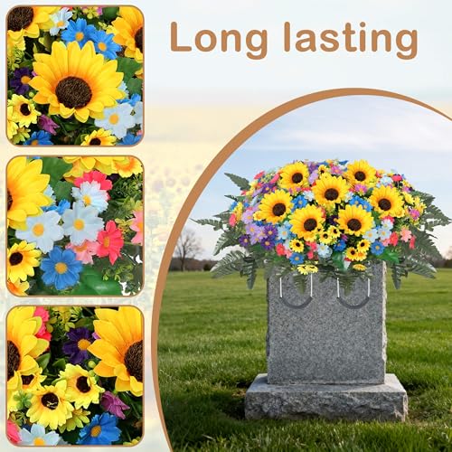 Lodou Artificial Cemetery Flowers for Grave,Headstone Flower Saddle Silk Sunflowers Grave Flowers for Cemetery Memorial for Outdoor Gravesite Decoration (Color) - color: Color