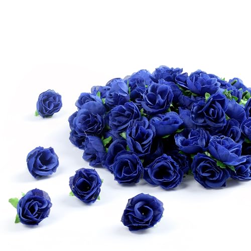 SITUMEIZI 100 Pcs 1.3 inches Mini Deep Blue Rose Head Artificial Roses Blue Flowers for Wedding Decor, Graduation Cap, Cake, DIY Flower Wall Mother's Day Home Party Decor - color: Blue