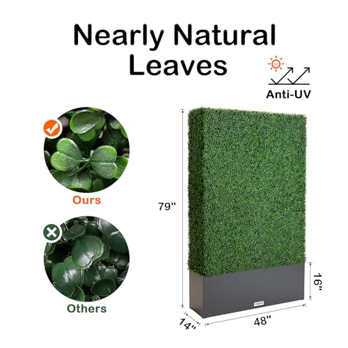 Artificial Boxwood Hedge Wall with Dark Grey Planter Box, Greenery Fake Faux Grass Panels Backdrop Divider 48" WX79 HX14 D - size: 48"WX79"HX14"D