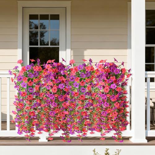 Artificial Fake Flowers Plants for Outdoor Spring Summer Decoration,2 PCS Faux Silk Morning Glory with Eucalyptus Leaves,UV Resistant Realistic Outdoor Flowers for Balcony Porch Patio Yard Garden - color: Orchid Rose Red