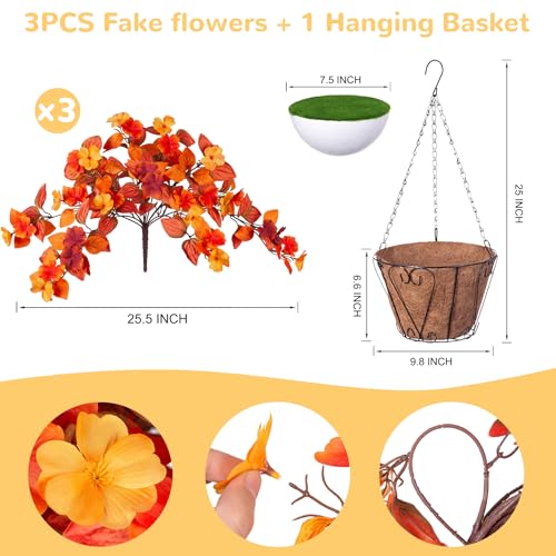 Hanging Artificial Fall Flowers Basket for Outdoors Outside 3PCS Fake Plants Faux Orange Fall Flowers for Outdoors Planters UV Resistant Silk Flowers for Home Porch Patio Garden Autumn Decoration - color: Y4-orange Red Yellow+basket