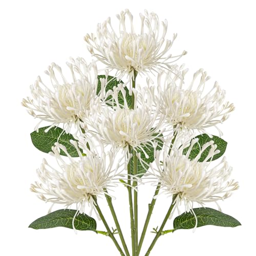 Briful 6PCS Artificial Mums Spring Flowers 4'' White Spider Chrysanthemum Fake Flowers Bouquet for Home Vase Centerpieces Arrangements Bridal Shower Decoration - color: White