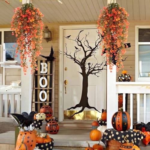 RECUTMS 4Pcs Artificial Fall Flowers Fake Eucalyptus Leaves with Flower Plastic Ivy Greenery Leaf Autumn Artificial Hanging Plants for Thanksgiving Home Garden Wall Bedroom Wedding Decor Orange - color: Style3-orange